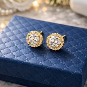 1.2 Ct Moissanite Halo Stud Earrings D Color Gold Tone Sparkling